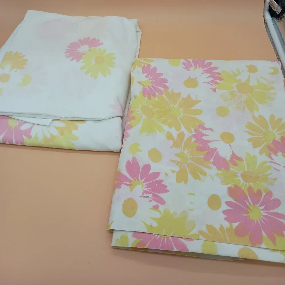 Vintage Pequot Easy Care Pink Daisy Twin Sheet Set 5 Pillowcases Groovy Mod READ
